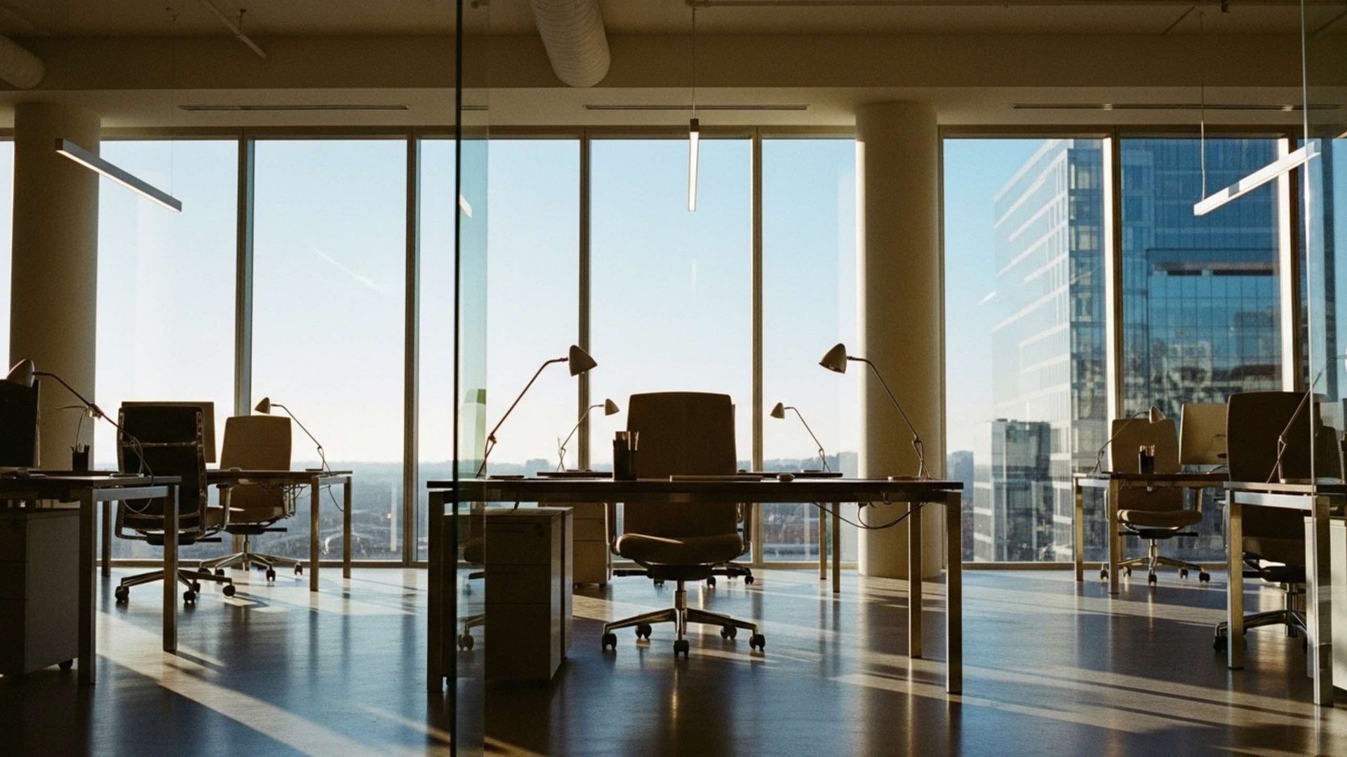 An empty modern office with desks and chairs, floor-to-ceiling windows, and a city view.