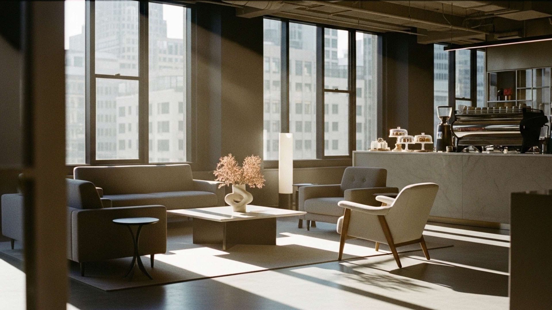 Lounge area with sunlight streaming through large windows. Gray sofas, chairs, and a coffee table. Cafe equipment visible.