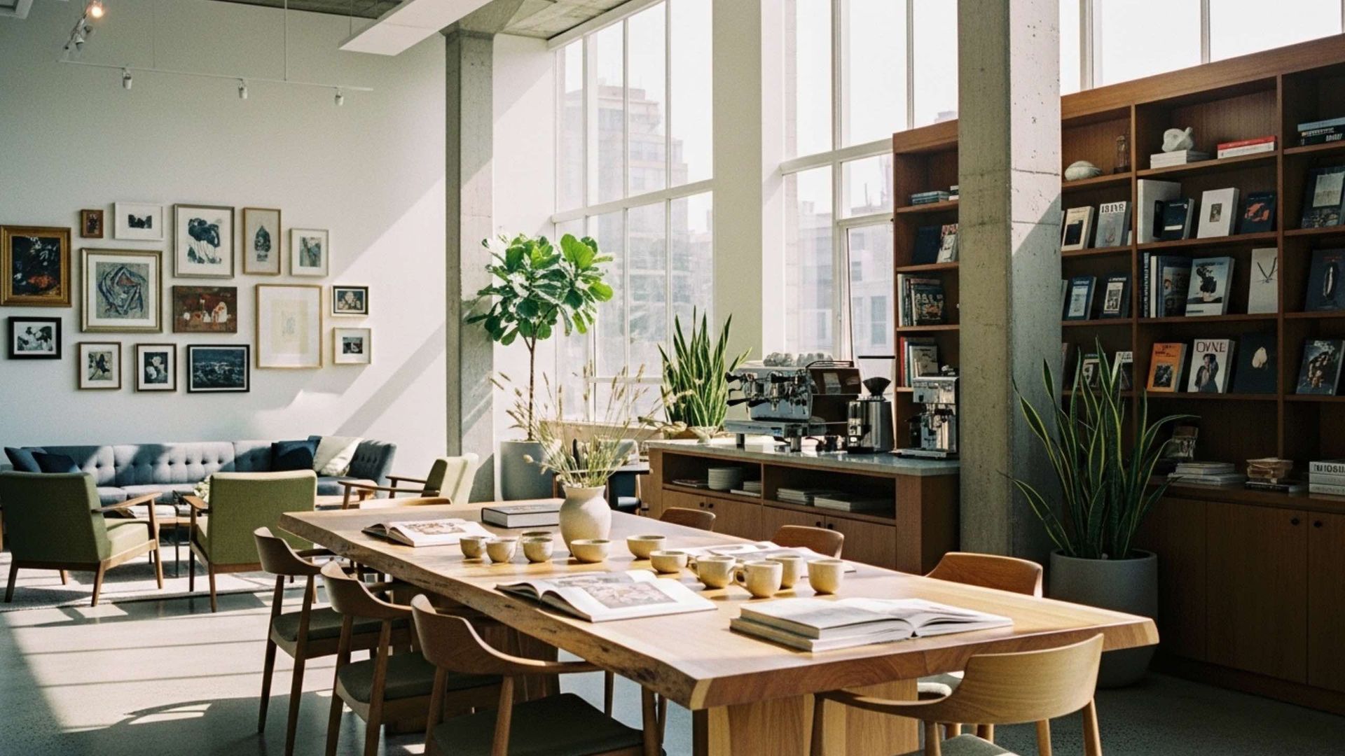Interior of a modern cafe: Long wooden table with seating, coffee station, plants, and wall art. Large windows allow bright sunlight.