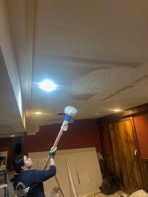 Person removing a textured ceiling using a sanding pole in a room with dark wood paneling.