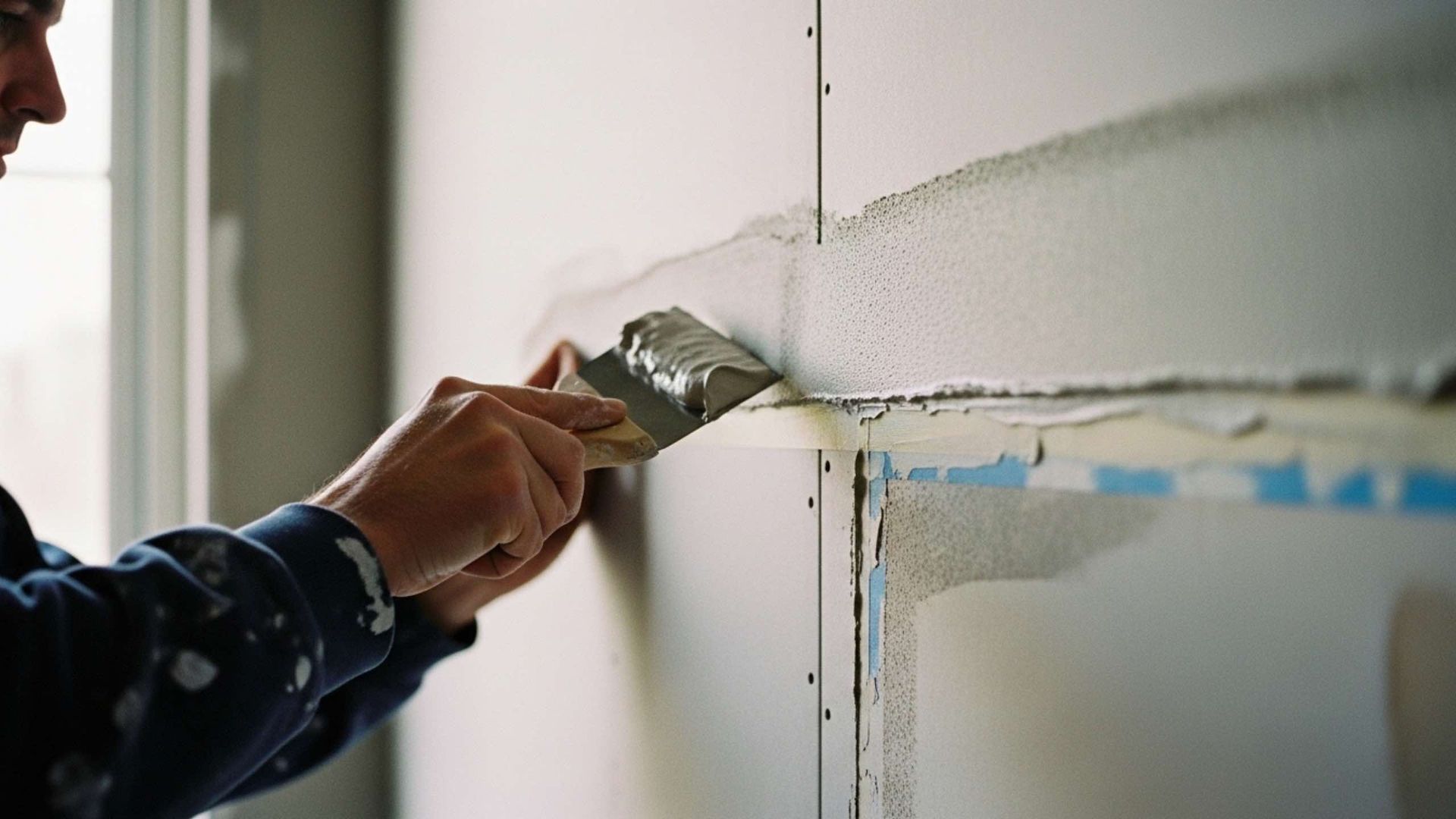 Person applying joint compound to drywall seam with a trowel.