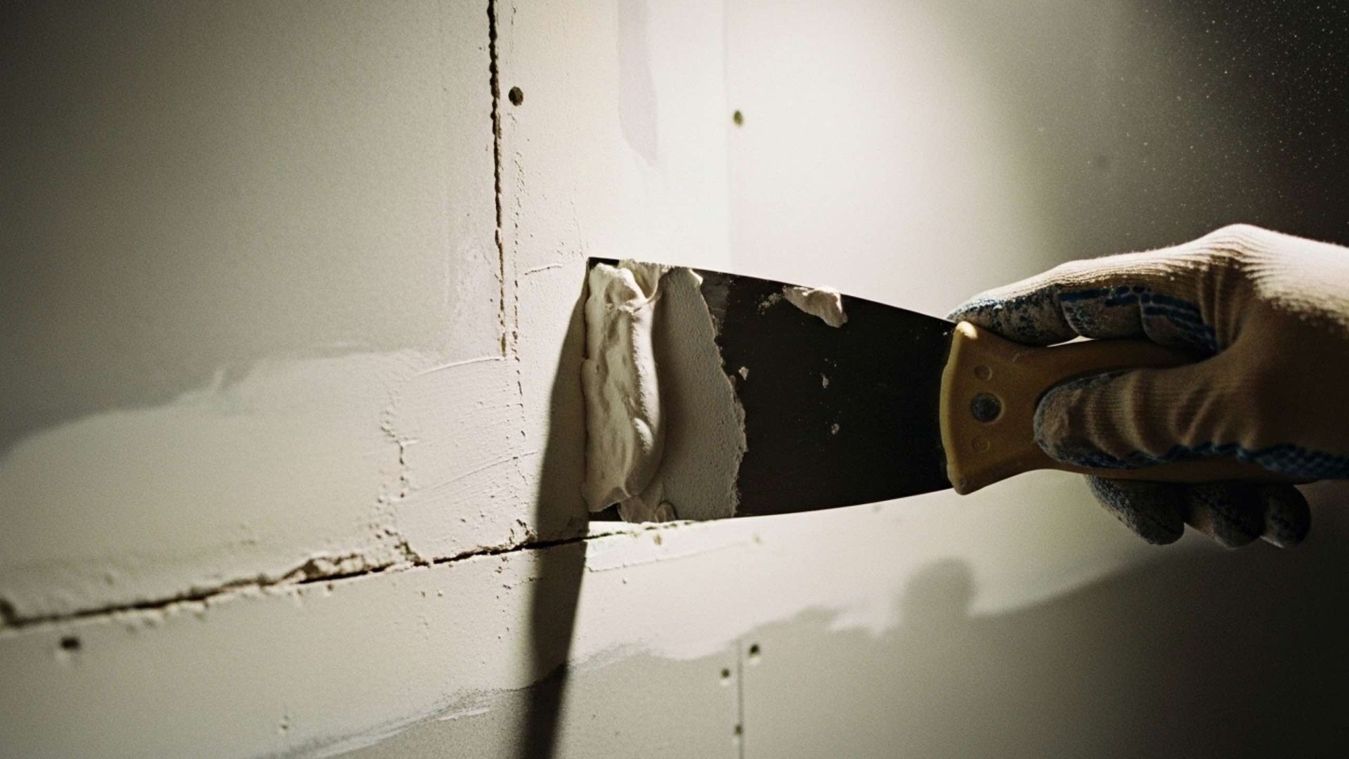 Hand with gloved hand using a putty knife to apply drywall compound to a damaged wall.