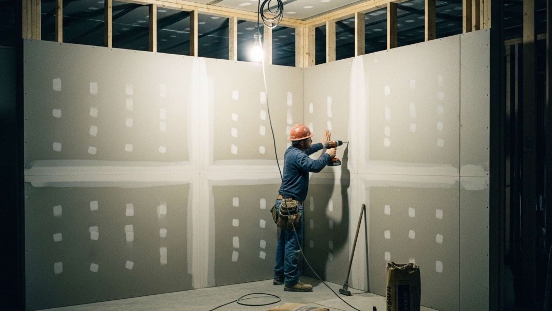 A person in a hard hat installing drywall in a room under construction.
