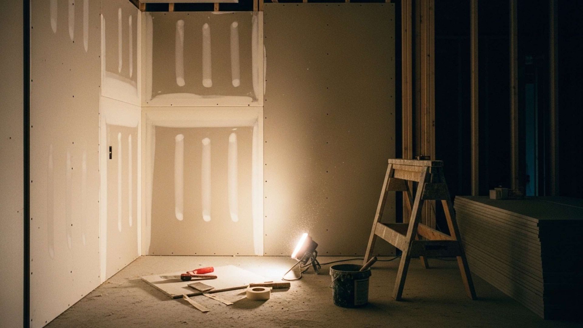 Interior construction of a room; drywall installation with a lit work light, a stepladder, and tools visible.