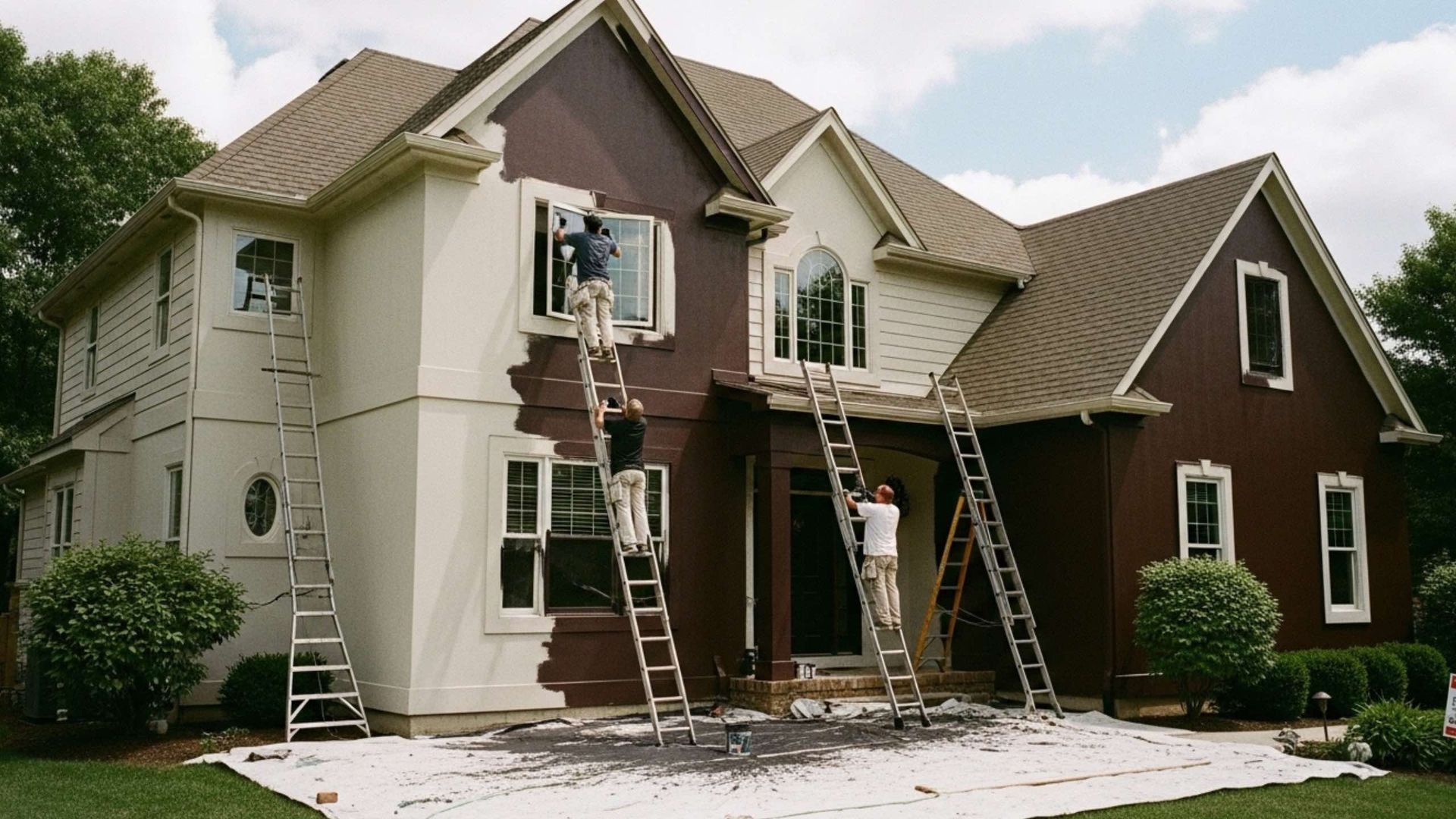 House being painted with ladders; two-story home, red and beige color scheme.