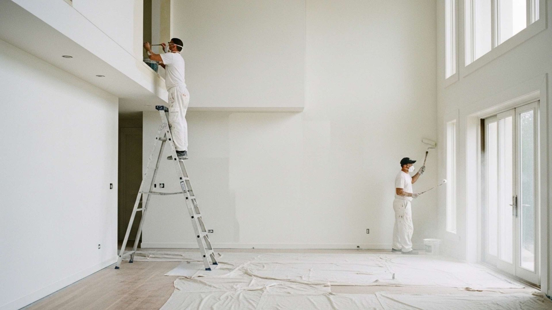 Two people painting a room white; one on a ladder, the other near a window, floor covered in drop cloths.
