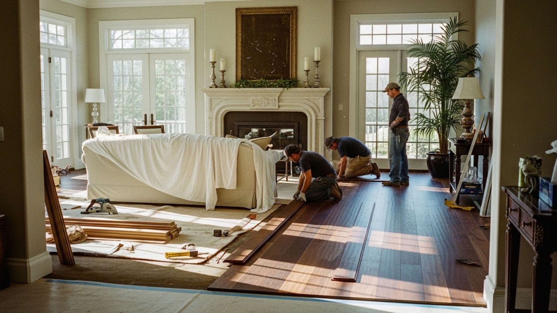 Three workers installing wood flooring in a large, sunlit living room with a covered couch and fireplace.