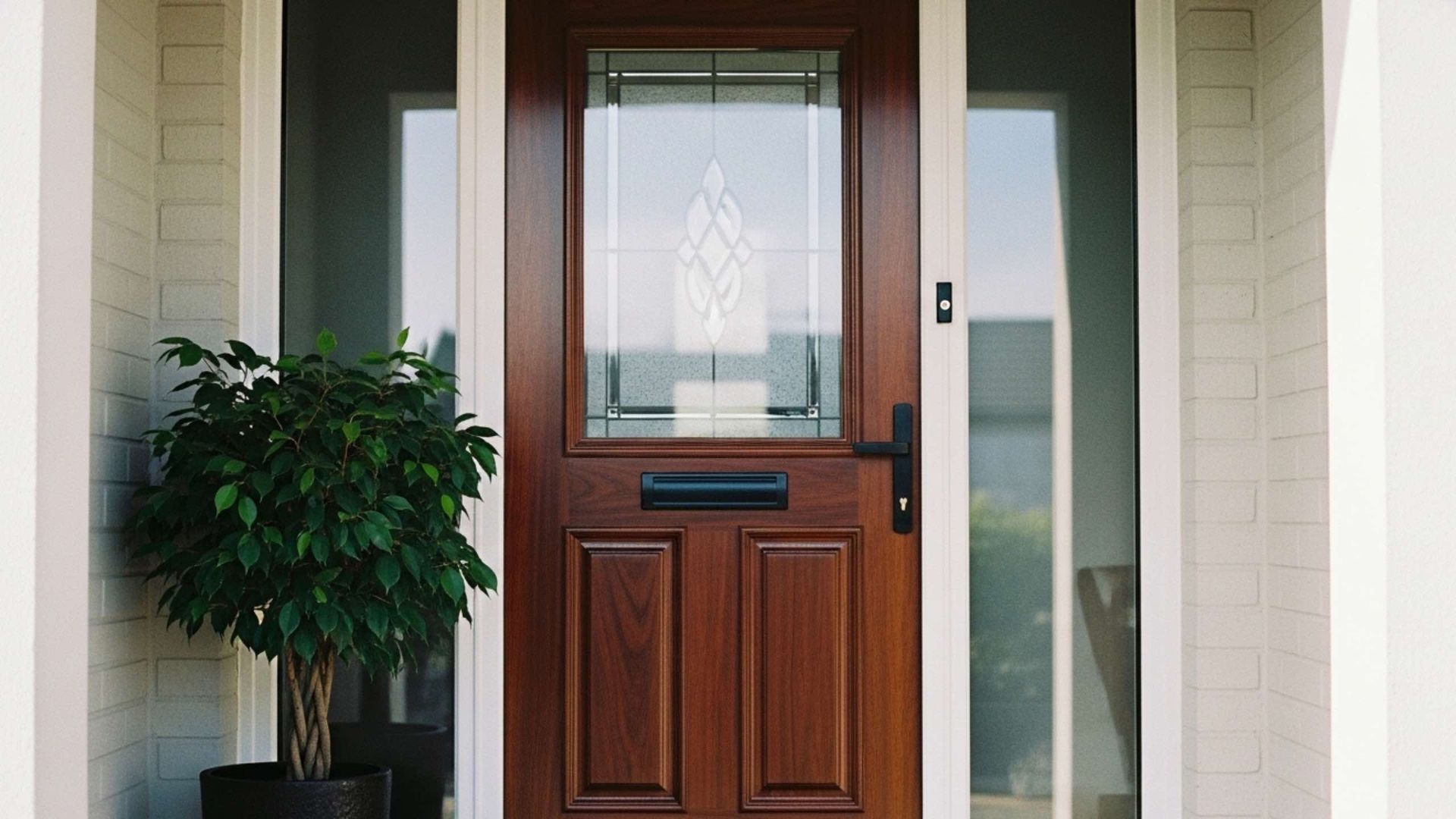 A brown wood-grain front door with a glass pane, a letterbox, and a black handle, framed by side windows and a small plant.
