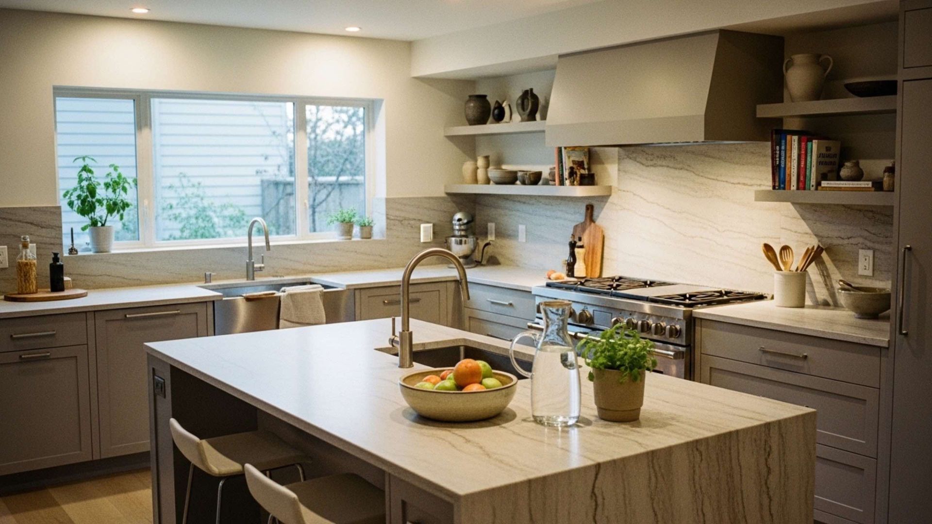Modern kitchen with island, stainless steel appliances, neutral colors, and natural light from a window.