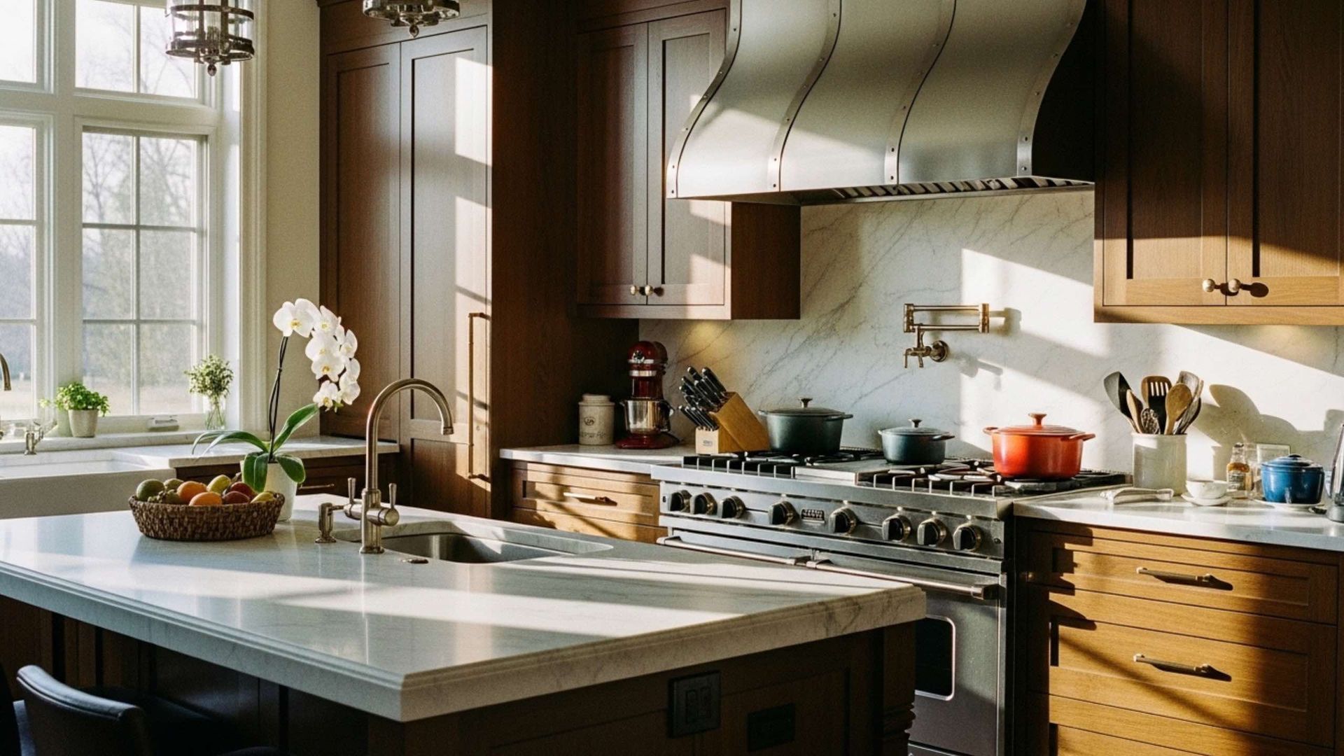 Bright kitchen with a marble countertop island, stainless steel range hood, and wooden cabinets.