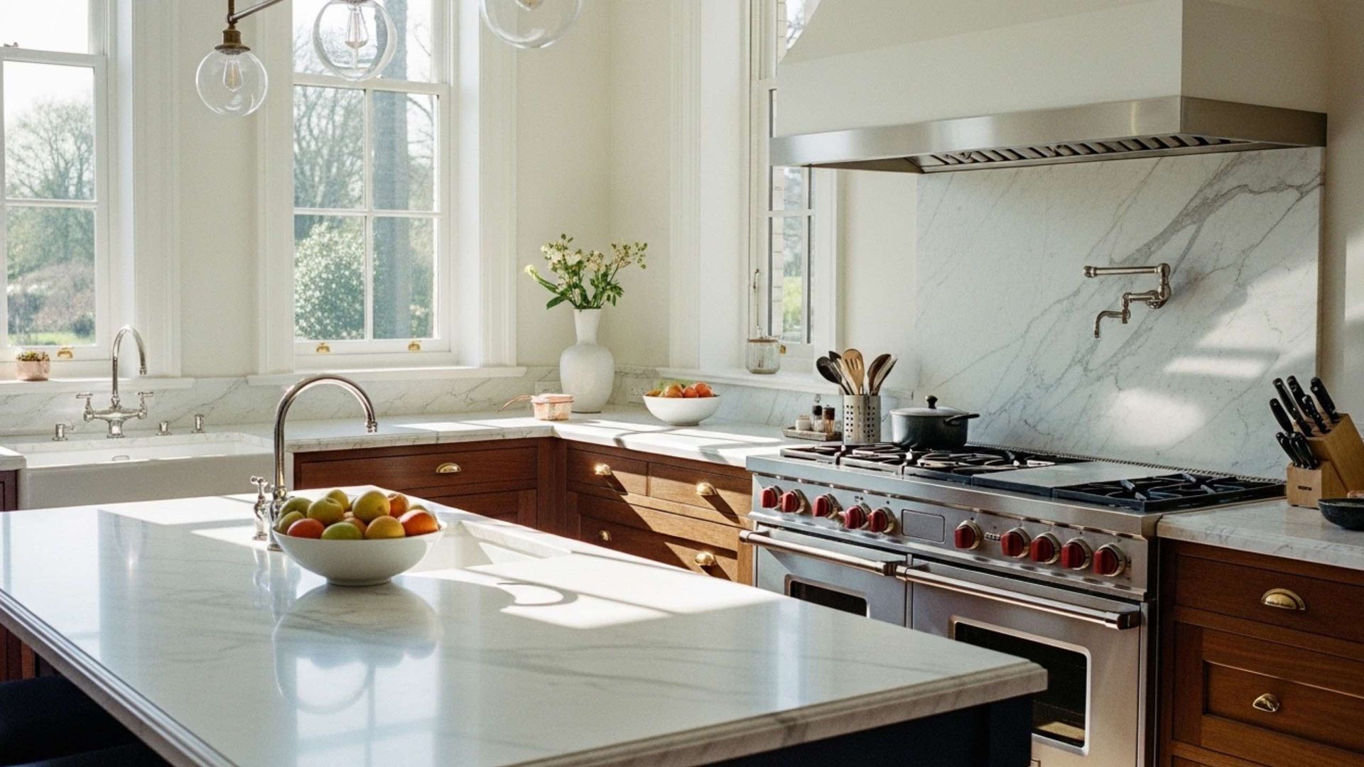 A bright, modern kitchen featuring white marble countertops, wooden cabinetry, and a large professional-style gas range.