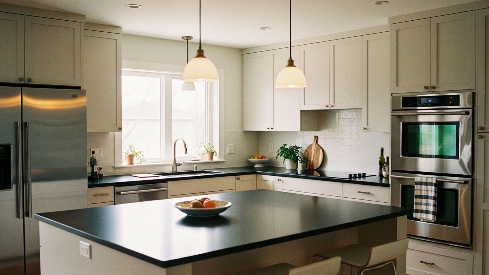 Modern kitchen with white cabinets, dark island countertop, stainless steel appliances, and pendant lights.