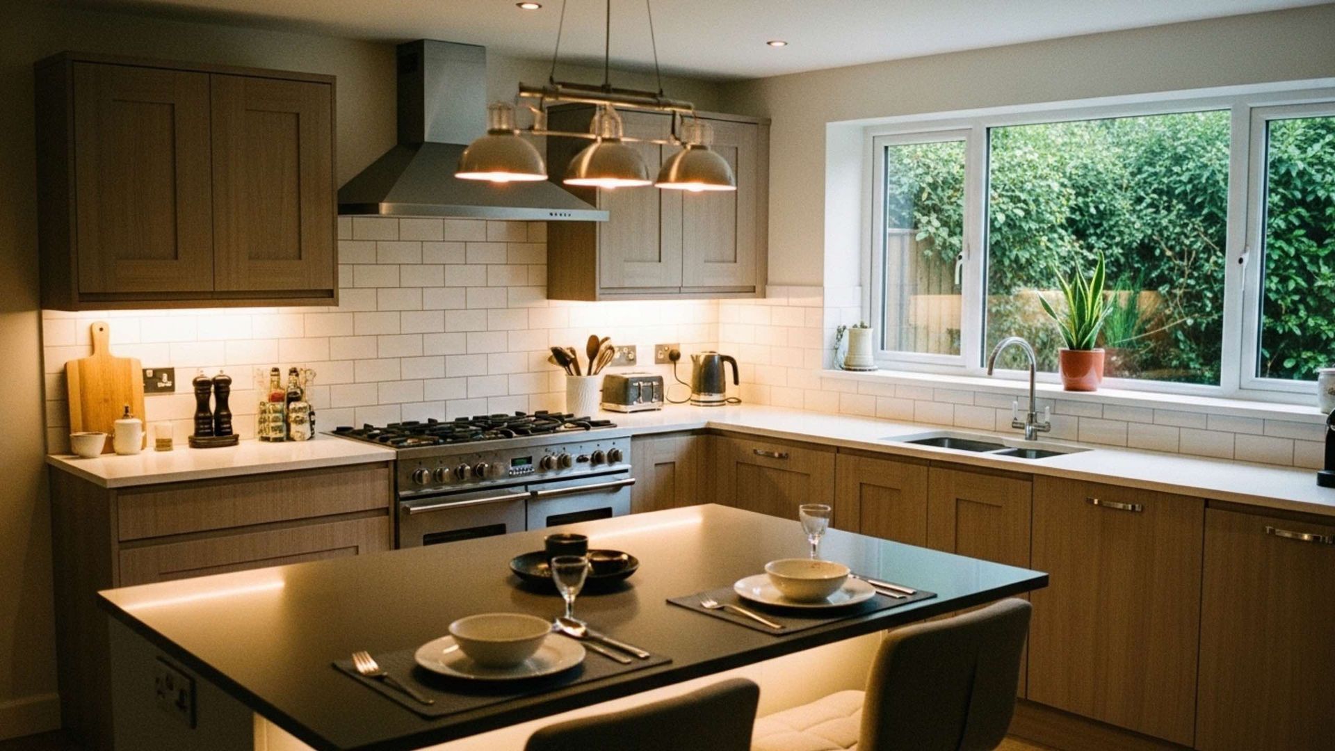 Modern kitchen with wooden cabinets, island, and window overlooking greenery.