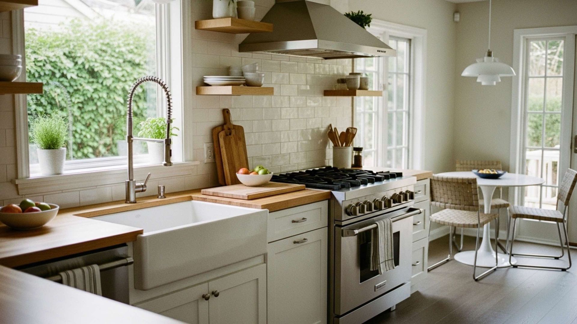 A bright kitchen with white cabinetry, a farmhouse sink, wood countertops, open shelving, and a stainless steel stove.