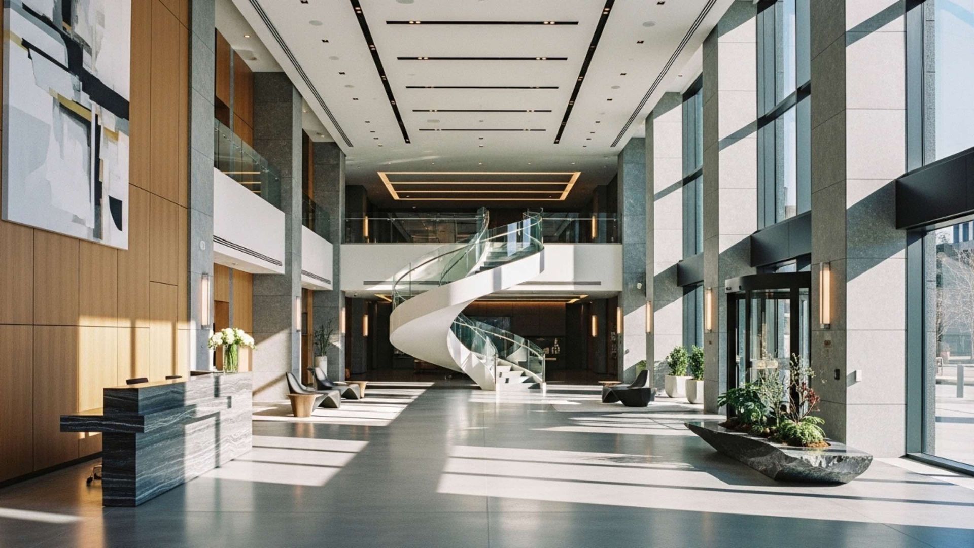Spacious modern lobby with spiral staircase, large windows, and plants. Light reflects on the floor.