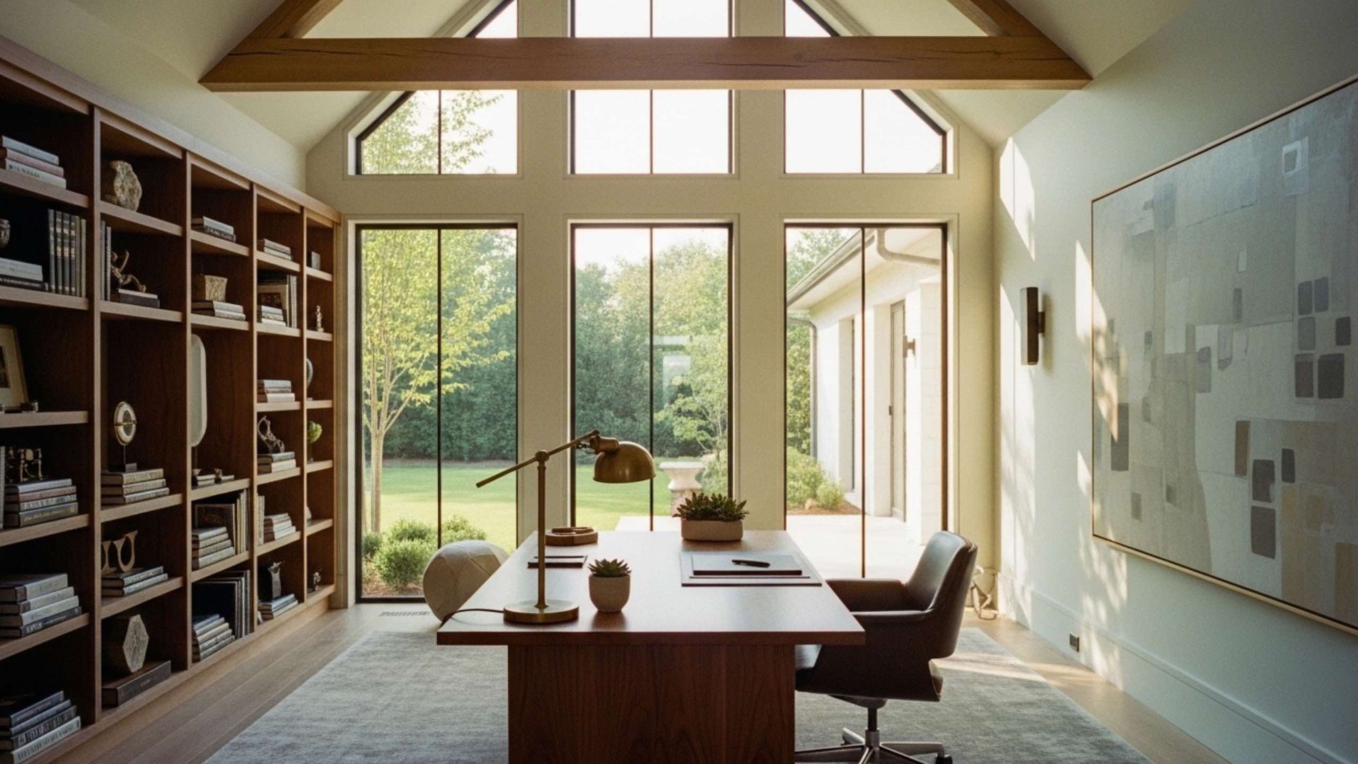 A sunlit home office with built-in bookshelves, a wooden desk, a dark chair, and large windows overlooking a green yard.