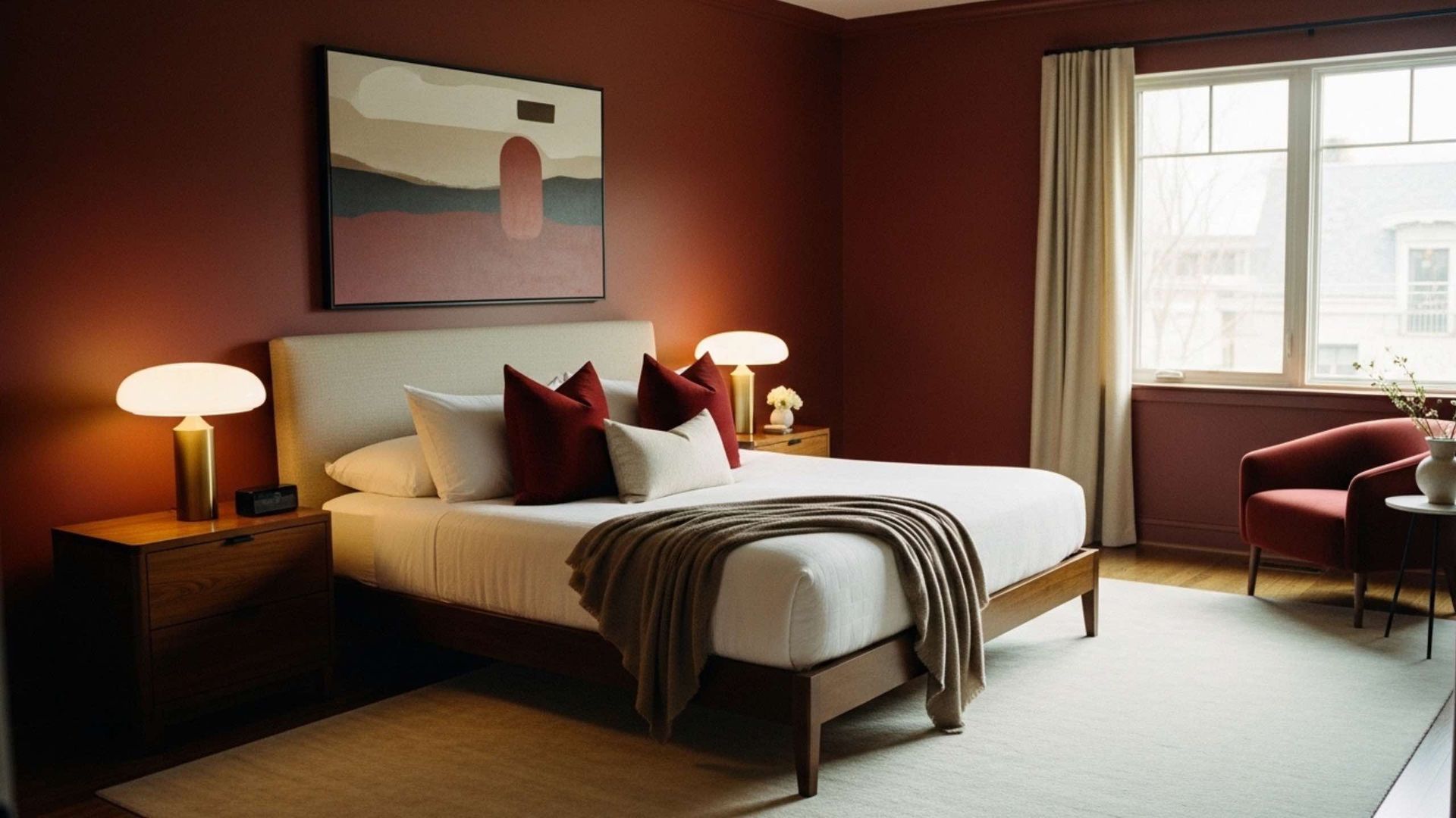 Bedroom with burgundy walls, wooden bed frame, artwork, nightstands, and a cozy reading chair.