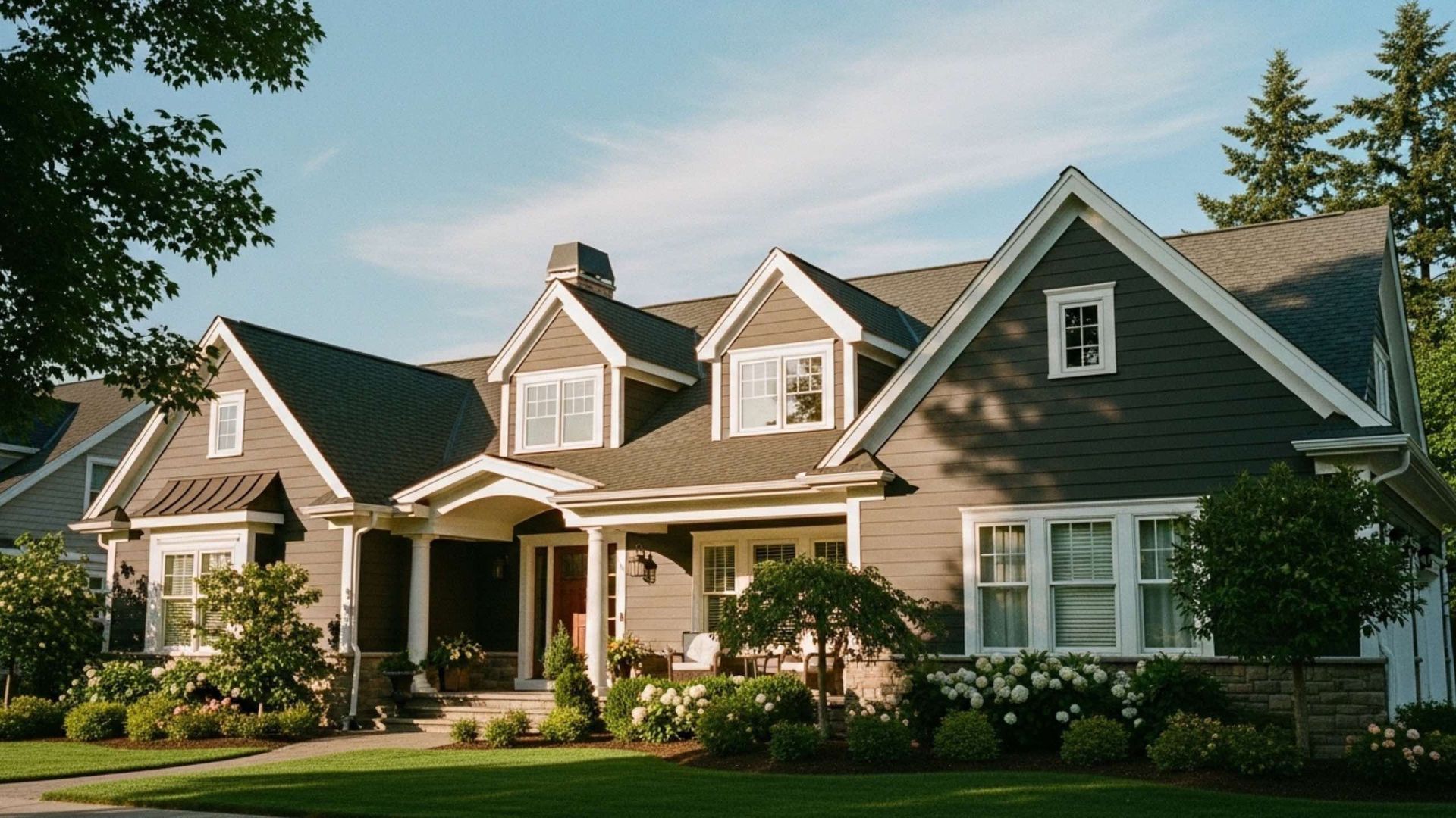 Brown two-story house with dormers, white trim, and a small front garden, under a sunny sky.