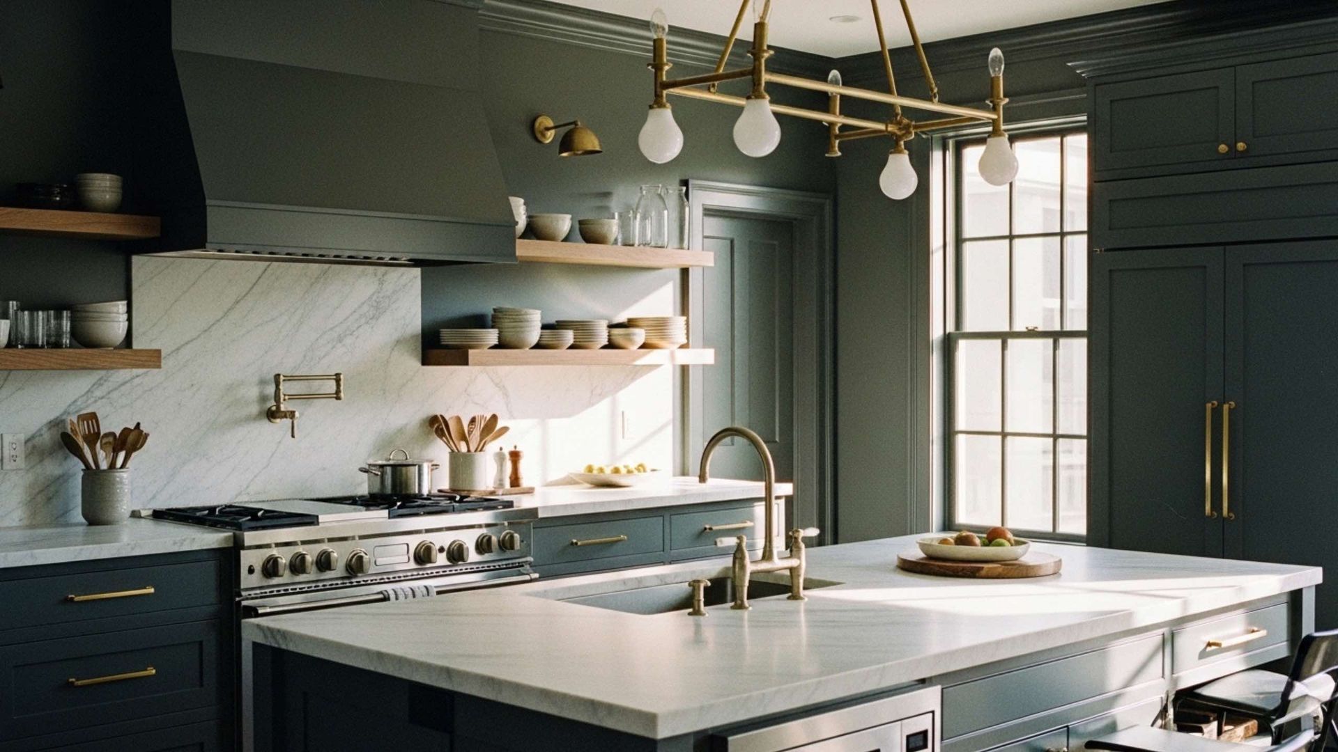 A modern kitchen with dark green cabinets, white marble countertops, wooden shelves, and brass hardware, bathed in sun.