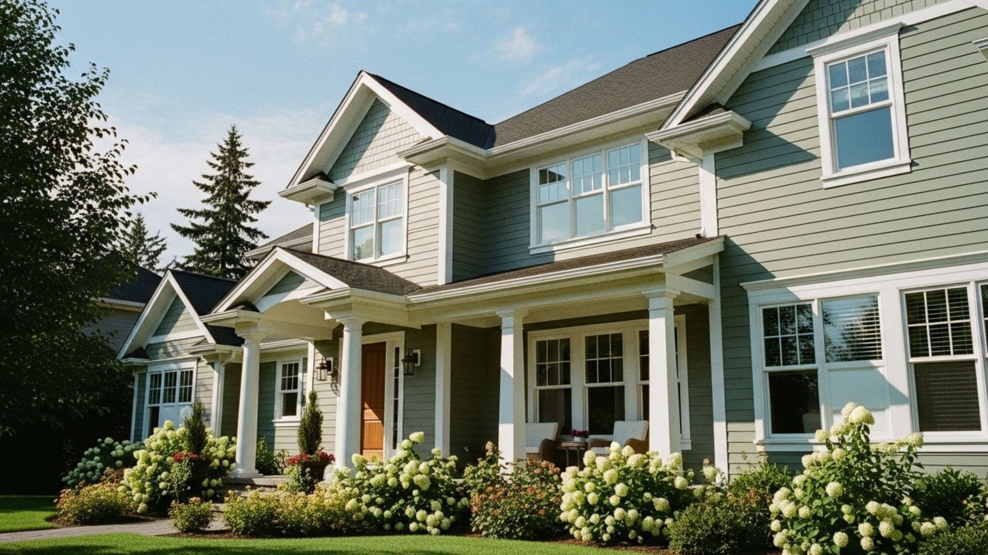 A two-story, sage-green house with white trim, a covered porch with white columns, and landscaping featuring white bushes.