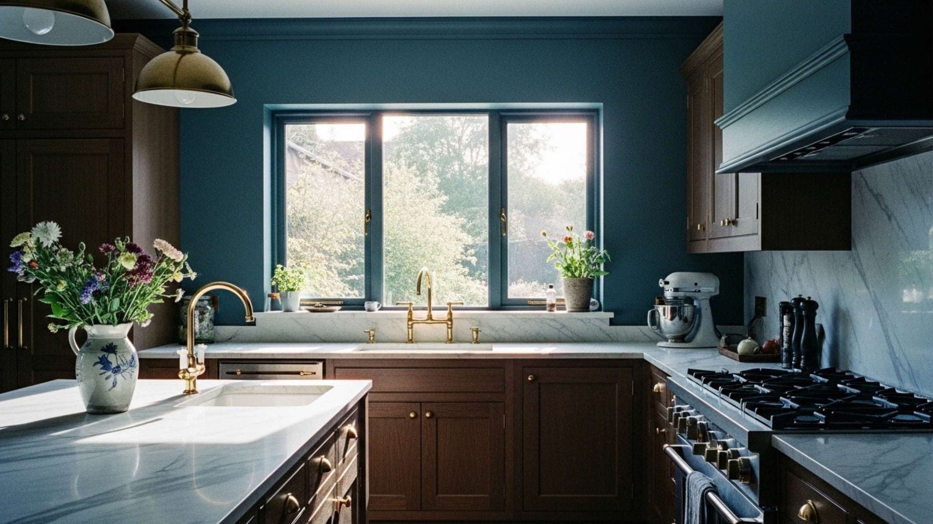 Kitchen with teal walls, wood cabinets, marble countertops, and a large window.