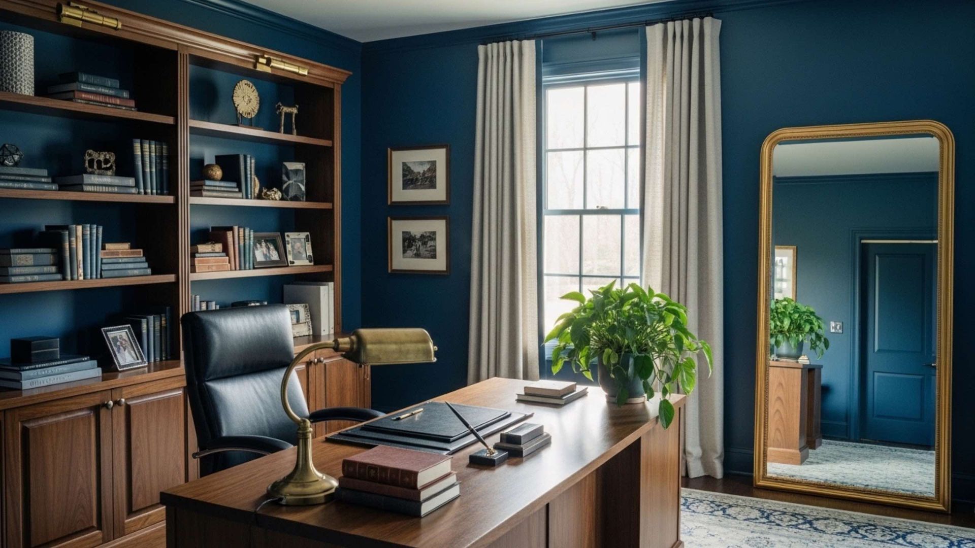 Dark blue office with wooden desk, shelves, and a large mirror.