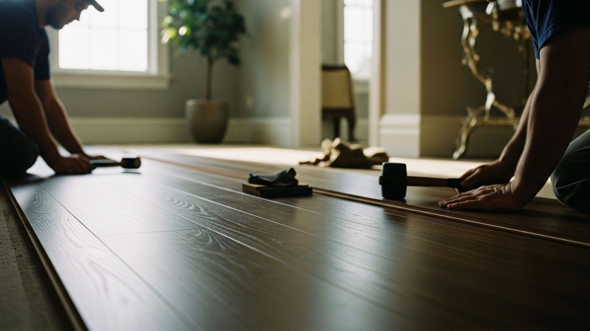 Two workers installing hardwood flooring with hammers in a room with a window and potted plant.