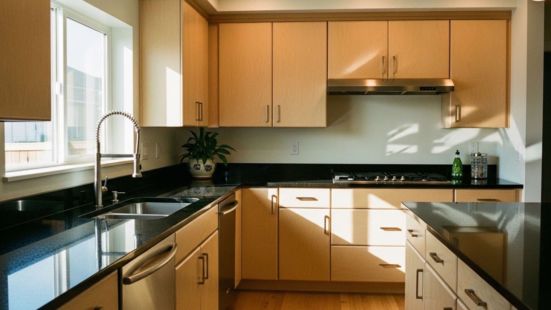 Modern kitchen with light wood cabinets, black granite countertops, a stainless steel sink, and a gas stove.