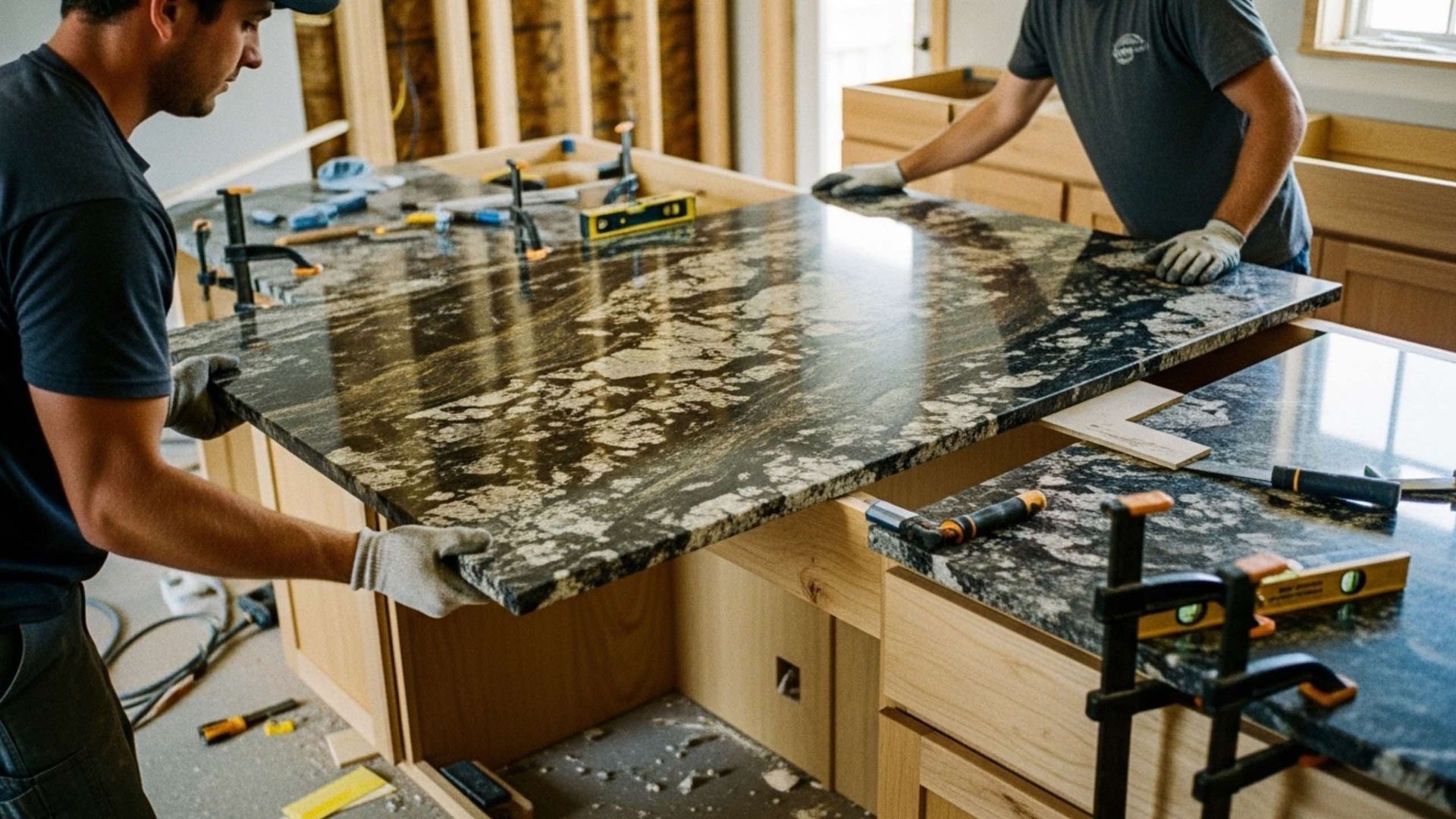 Two workers installing granite countertop in a kitchen; using clamps and levels.