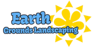 A logo for earth grounds landscaping with a yellow sun