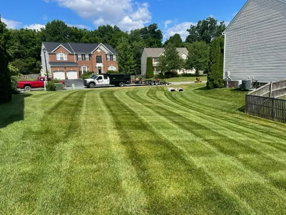 A lush green lawn is being mowed in front of a house.