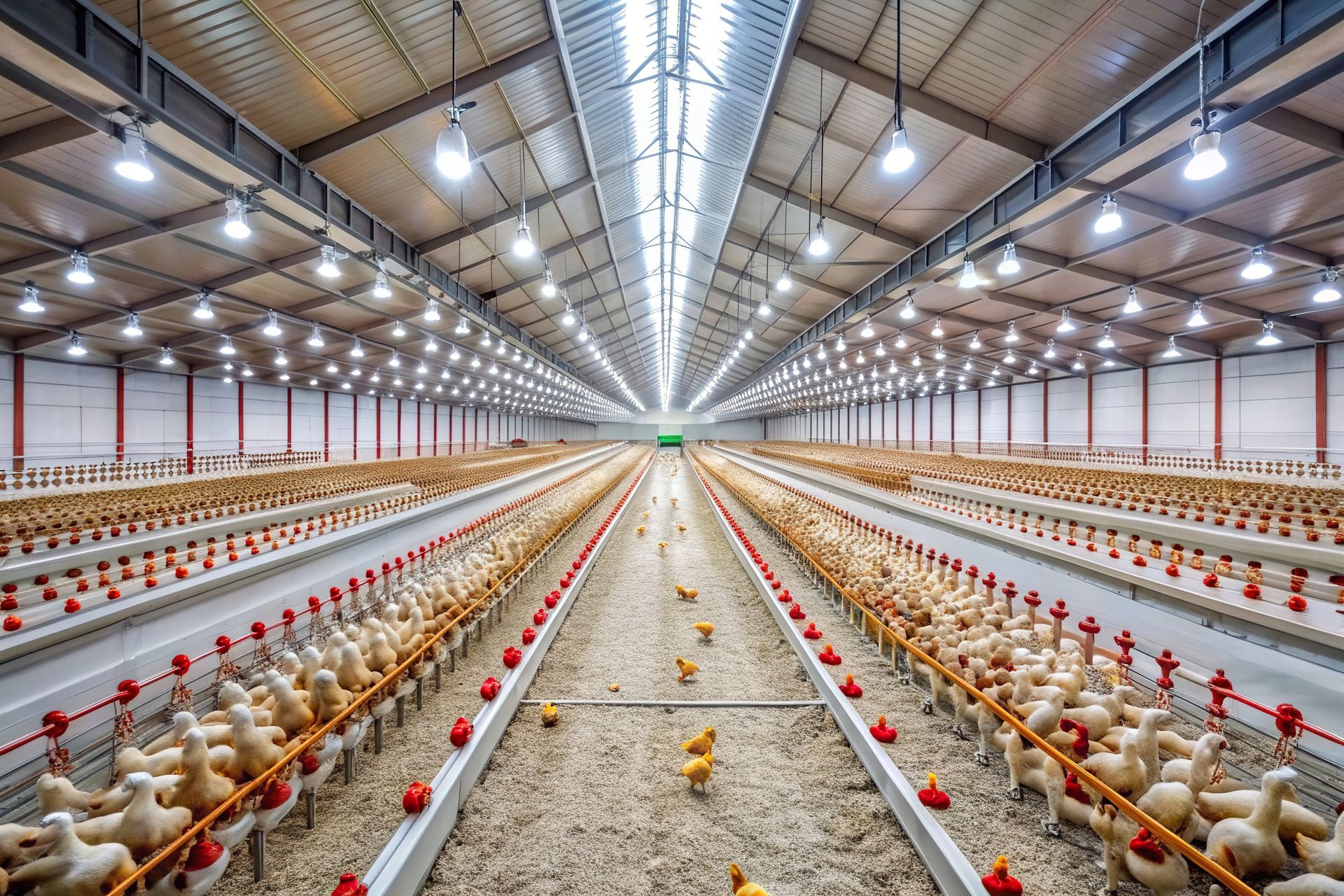 Inside a large chicken farm: Rows of chickens under lights.