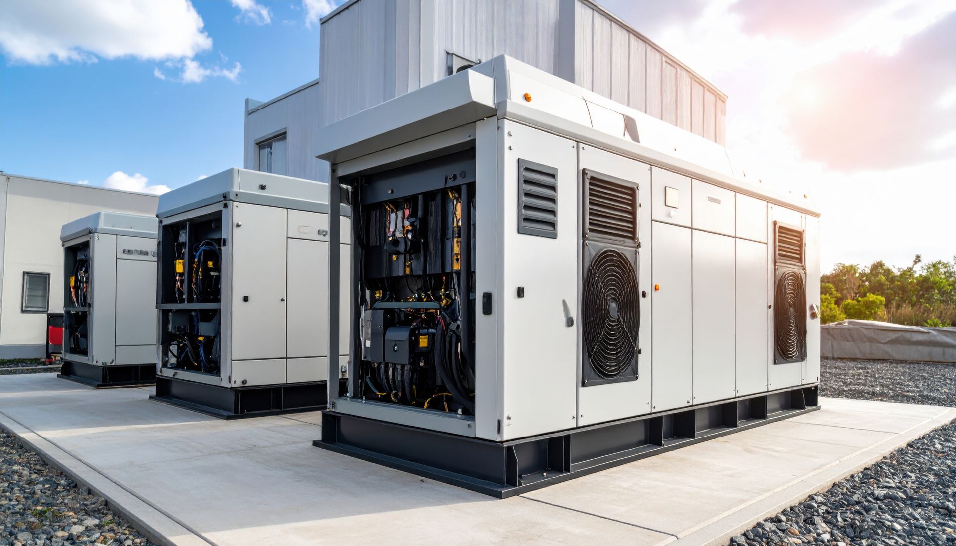 Three gray industrial generators on a concrete pad, against a white building and blue sky.