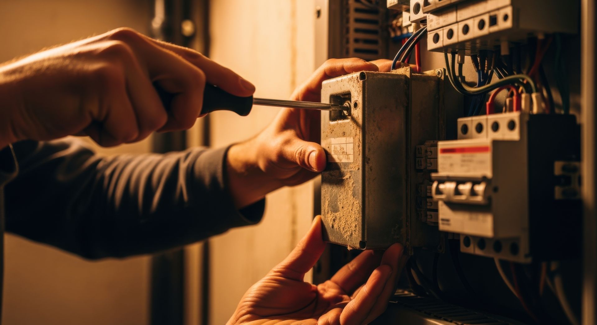 Electrician using a screwdriver to work on electrical panel; close up.