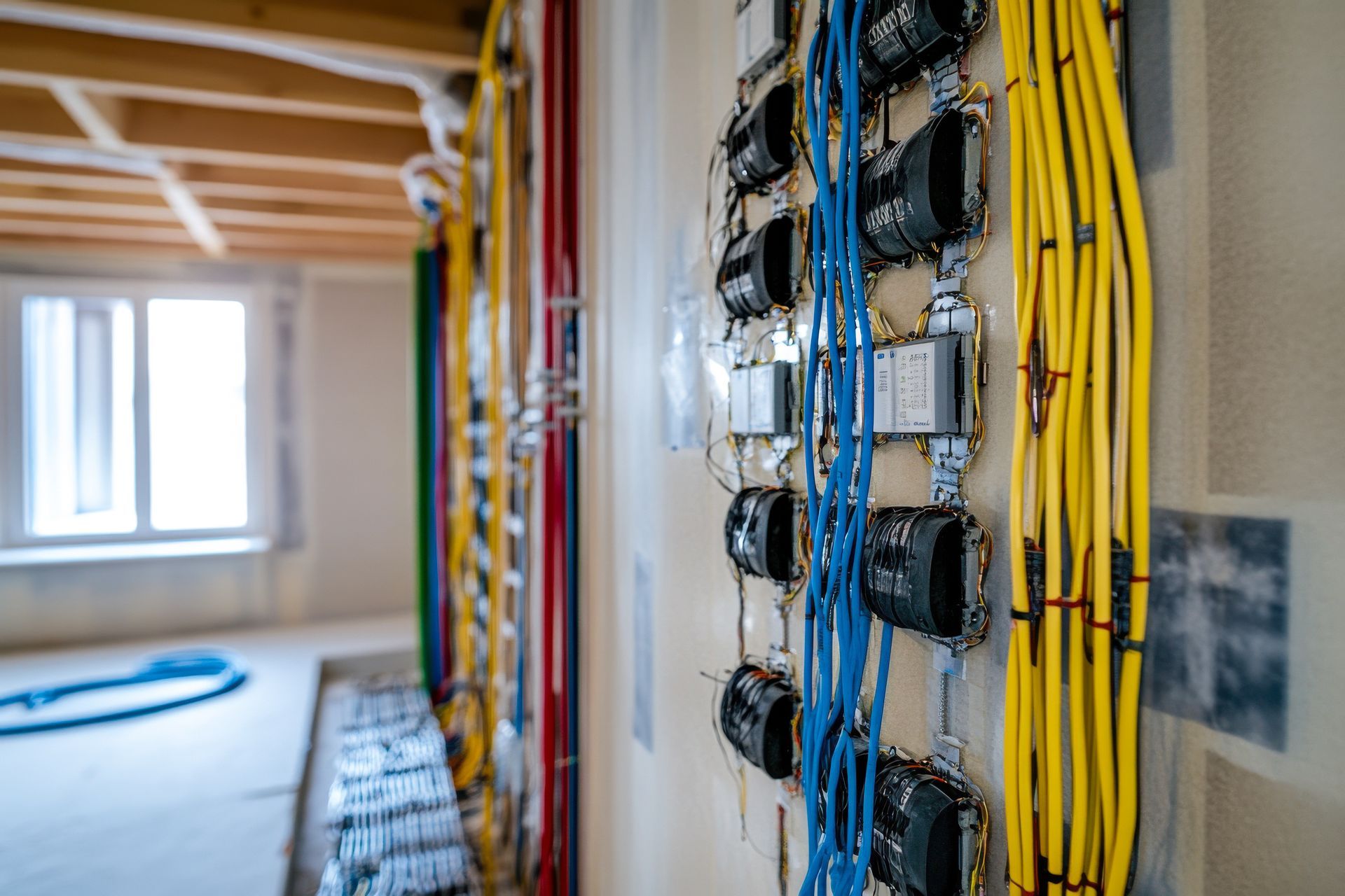 Electrical wiring installation on a wall, with yellow, blue, and red cables.