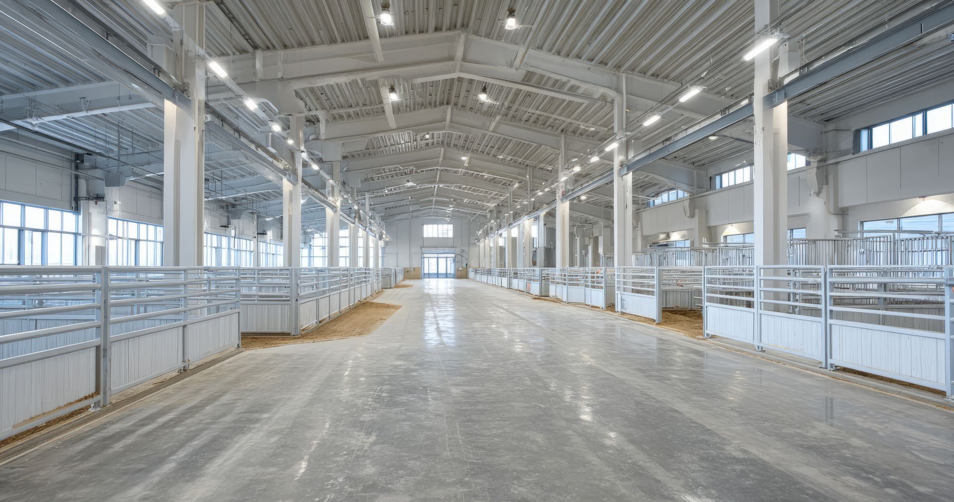 Inside a large, bright, empty white barn with stalls on either side and a concrete floor.