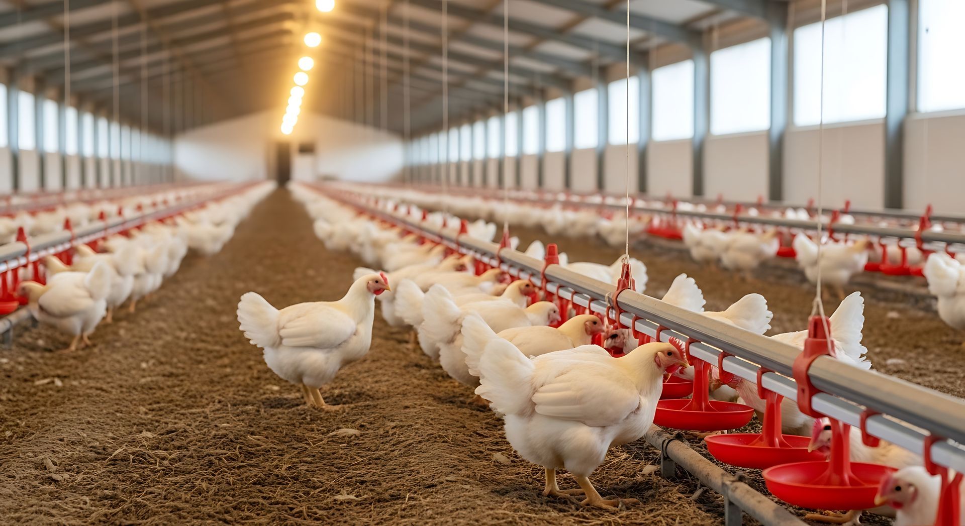 Chickens in a large indoor poultry farm. Rows of white birds, feeders, and lights.