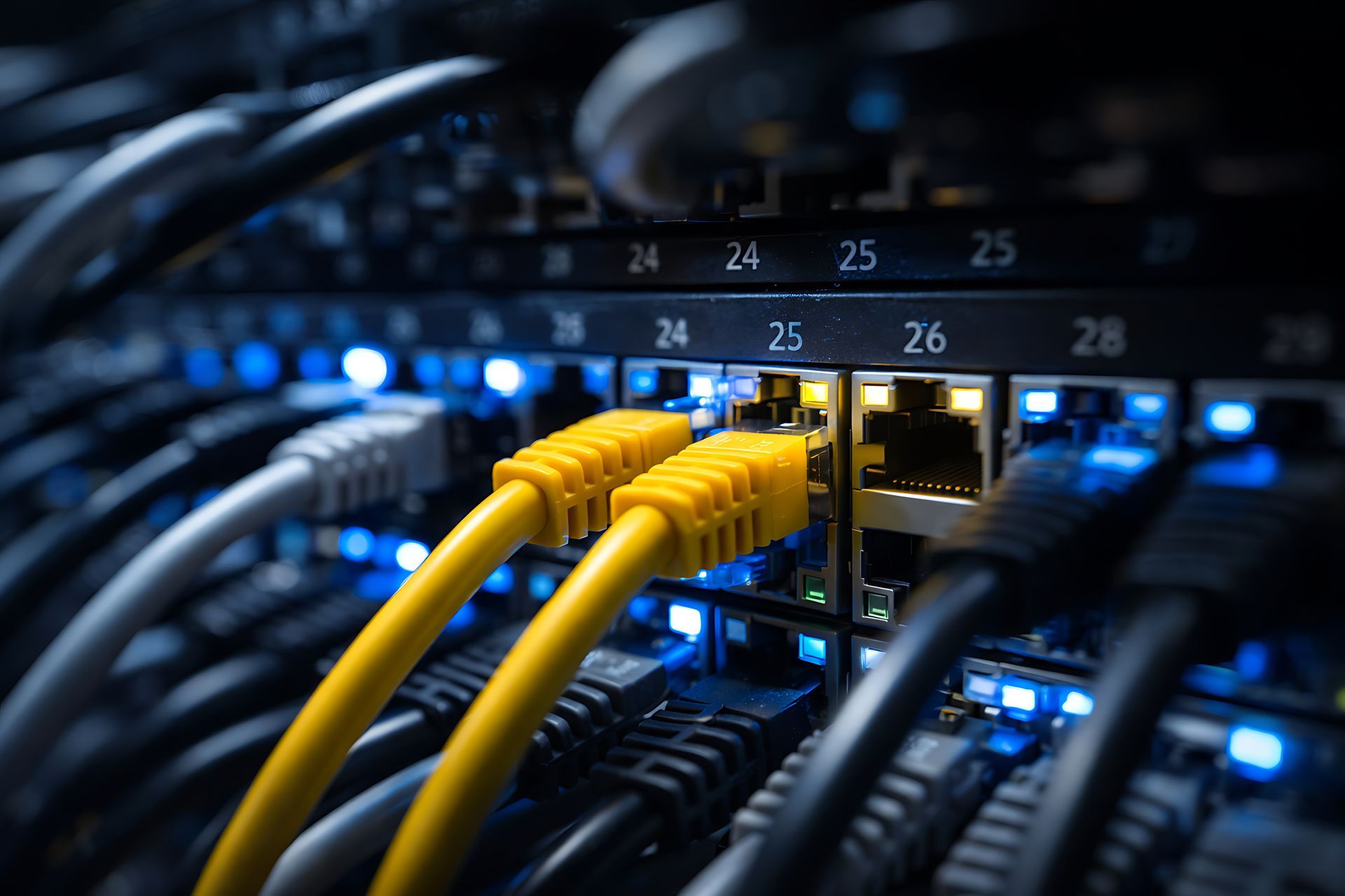 Close-up of a server rack with network cables plugged into ports, bright yellow cables are prominent.
