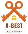 Logo for A-BEST LOCKSMITH featuring two crossed orange keys above a yellow house icon with the company name below.