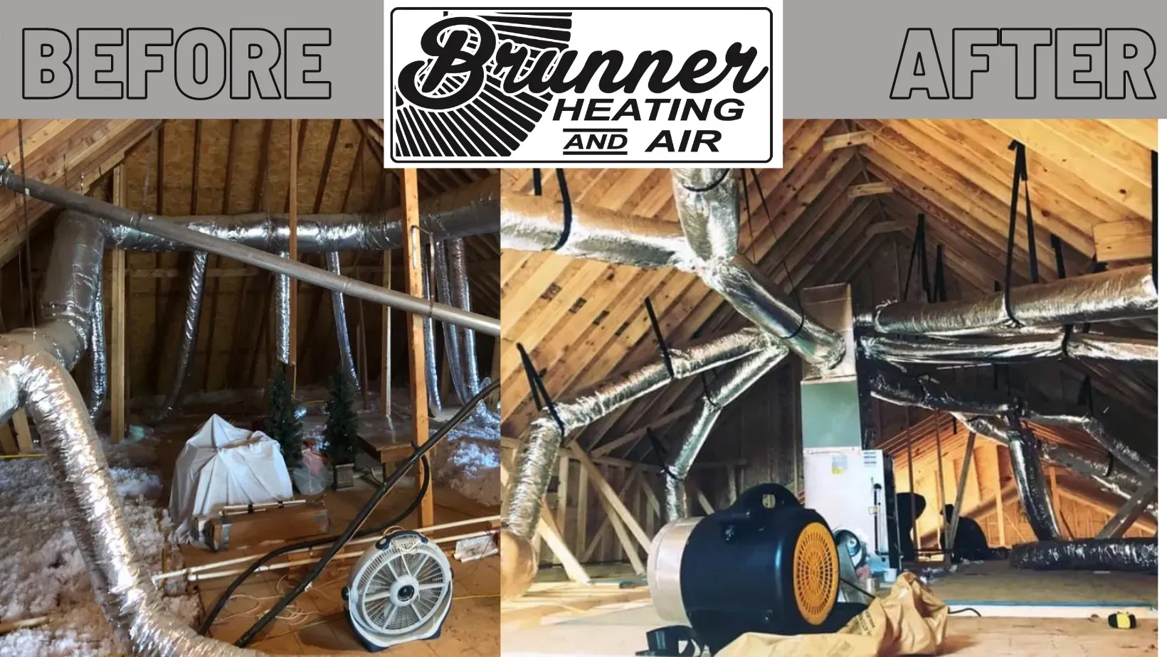 A split screen showing an attic's HVAC ductwork before and after professional installation by Branner Heating and Air.