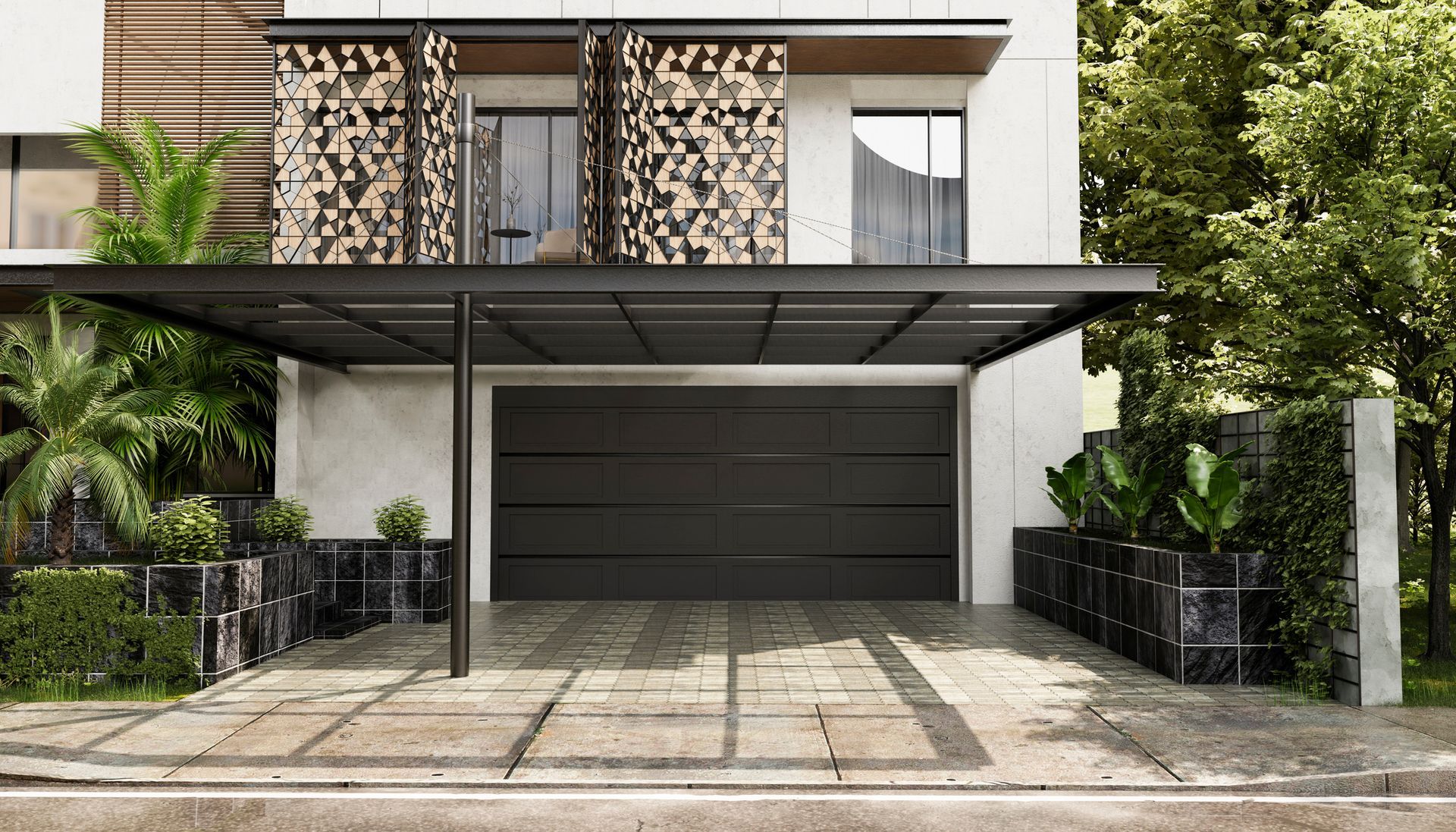 A modern house with a black garage door and a canopy over it.