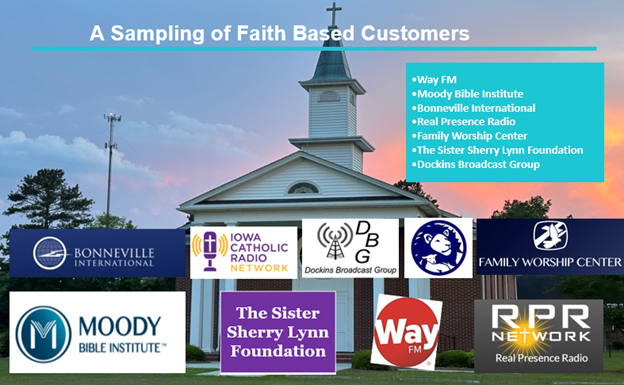 Church image with logos: Bonneville, Iowa Catholic Radio, DBG, Family Worship Center, Moody Bible Institute, The Sister Sherry Lynn Foundation, Way FM, RPR Network.