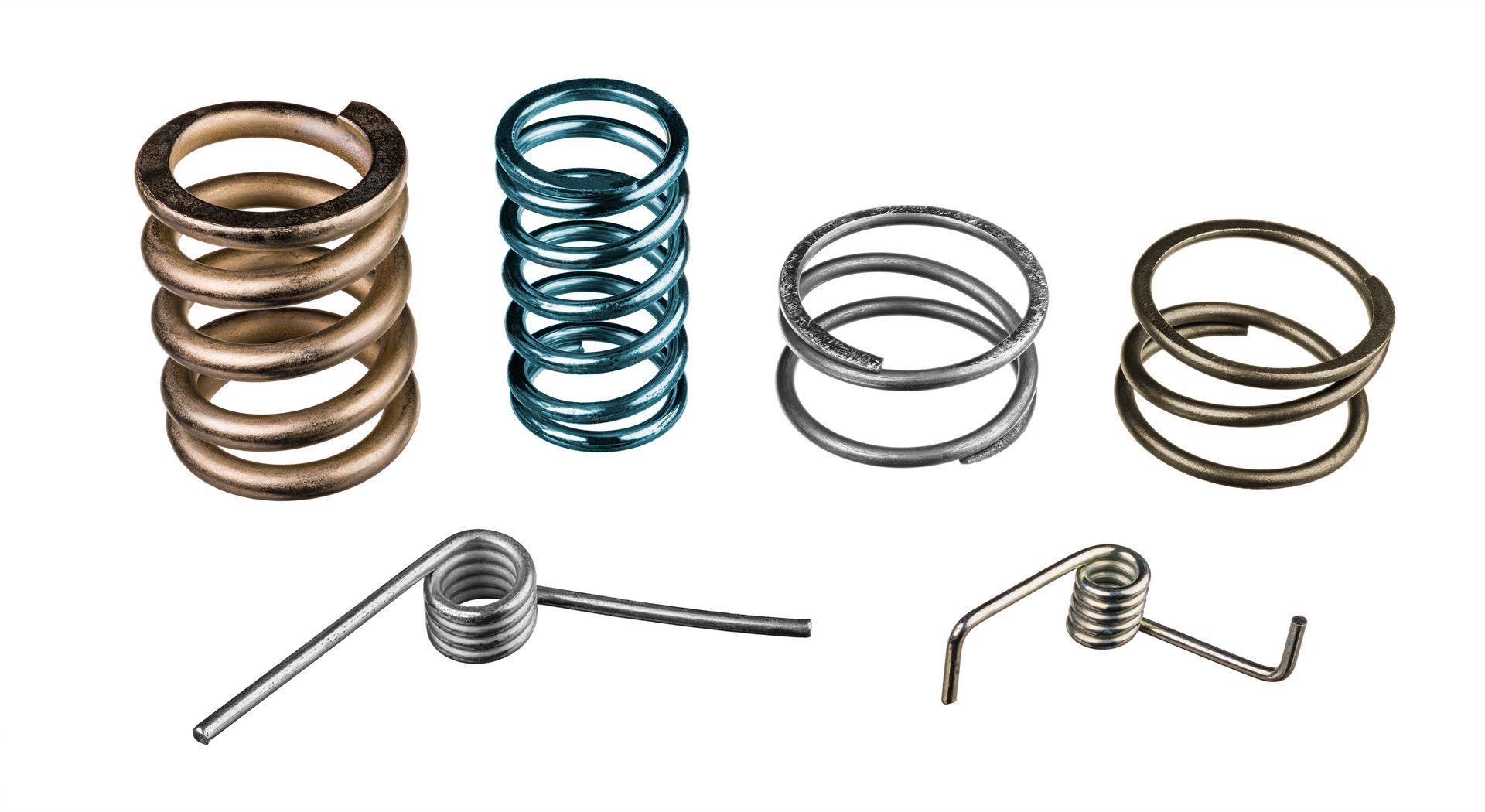 Set of compression and torsion coiled springs arranged on a clean white background Set of compression and torsion coiled springs arranged on a clean white background
