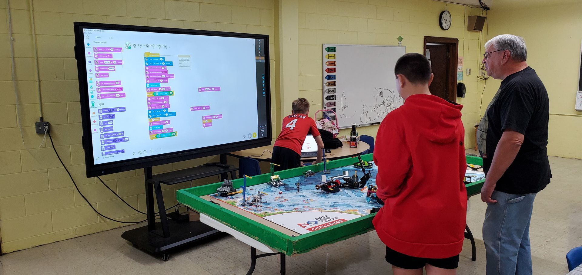People observe a LEGO robotics project, with code displayed on a large screen. A child in red is in the foreground.