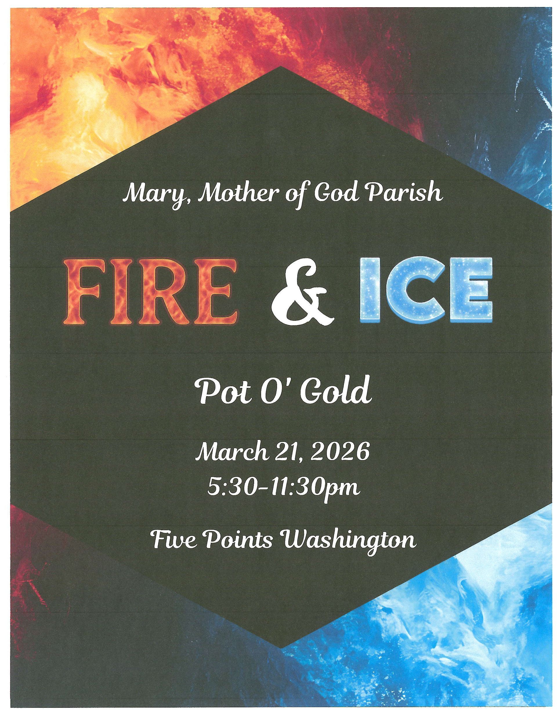 St. Patrick's Day event flyer with a pot of gold, shamrocks, and event details.