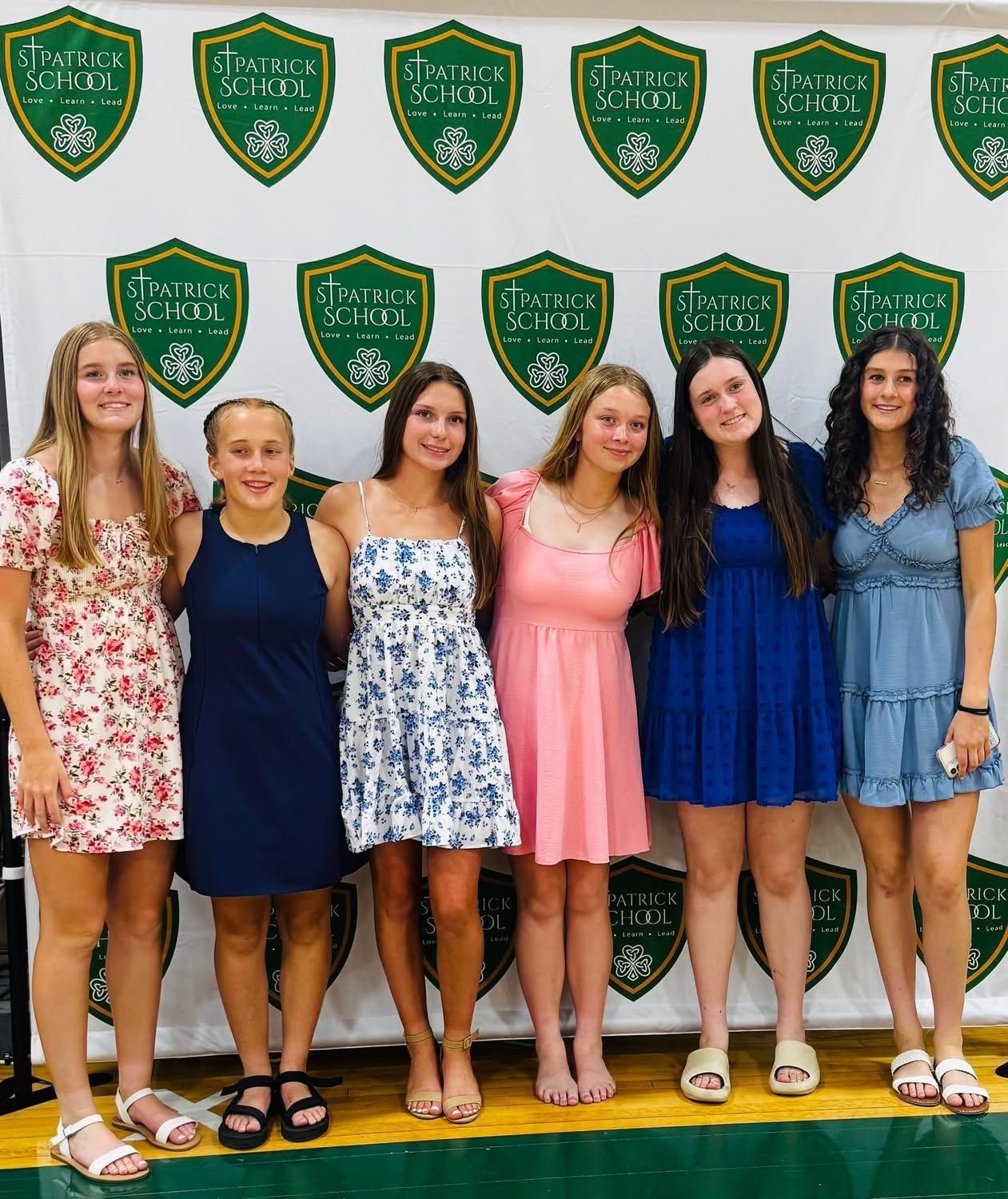 Six young women in dresses pose in front of a green and white banner.