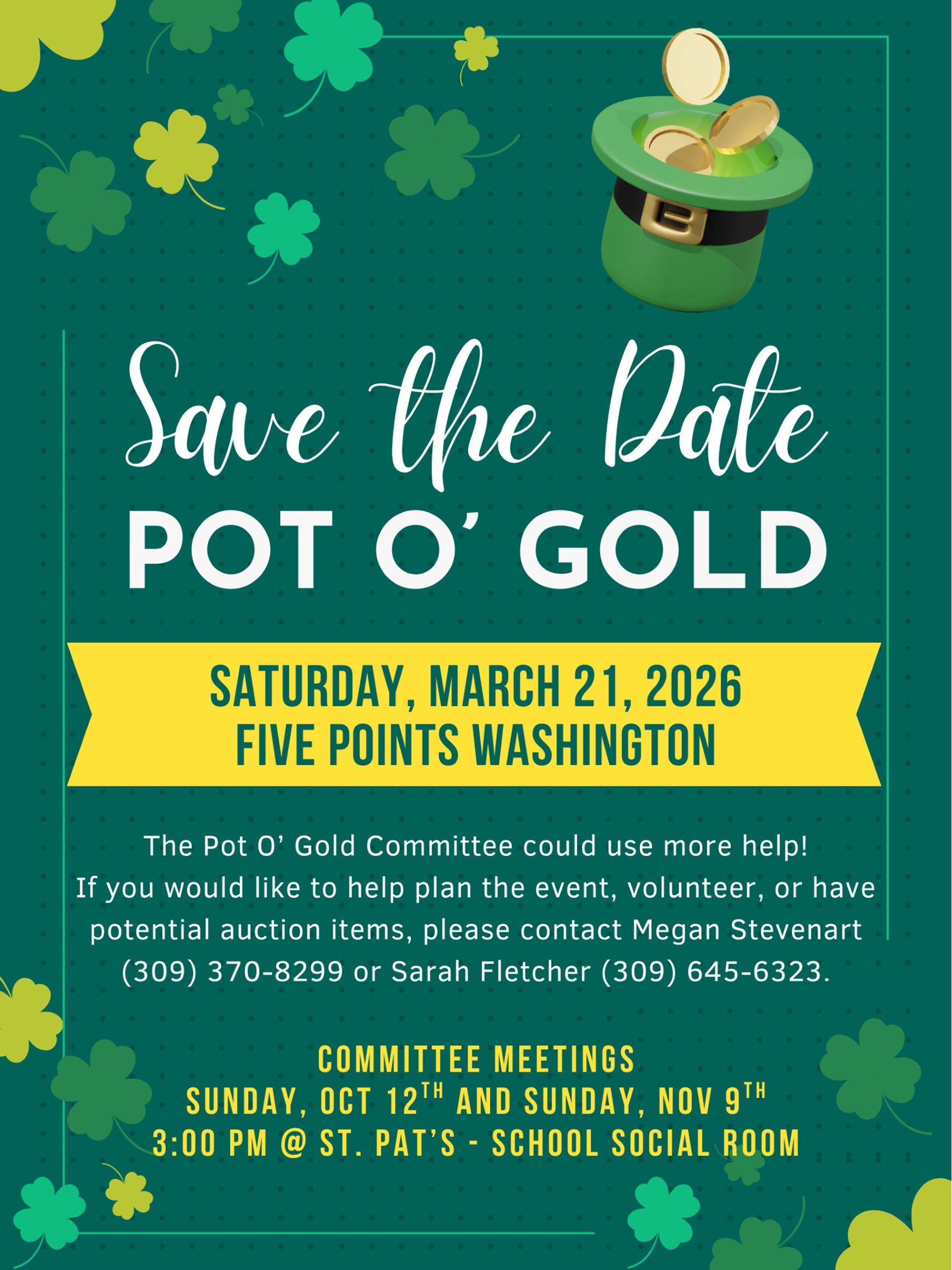 St. Patrick's Day event flyer with a pot of gold, shamrocks, and event details.