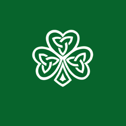 White Celtic knot shamrock on a green background.