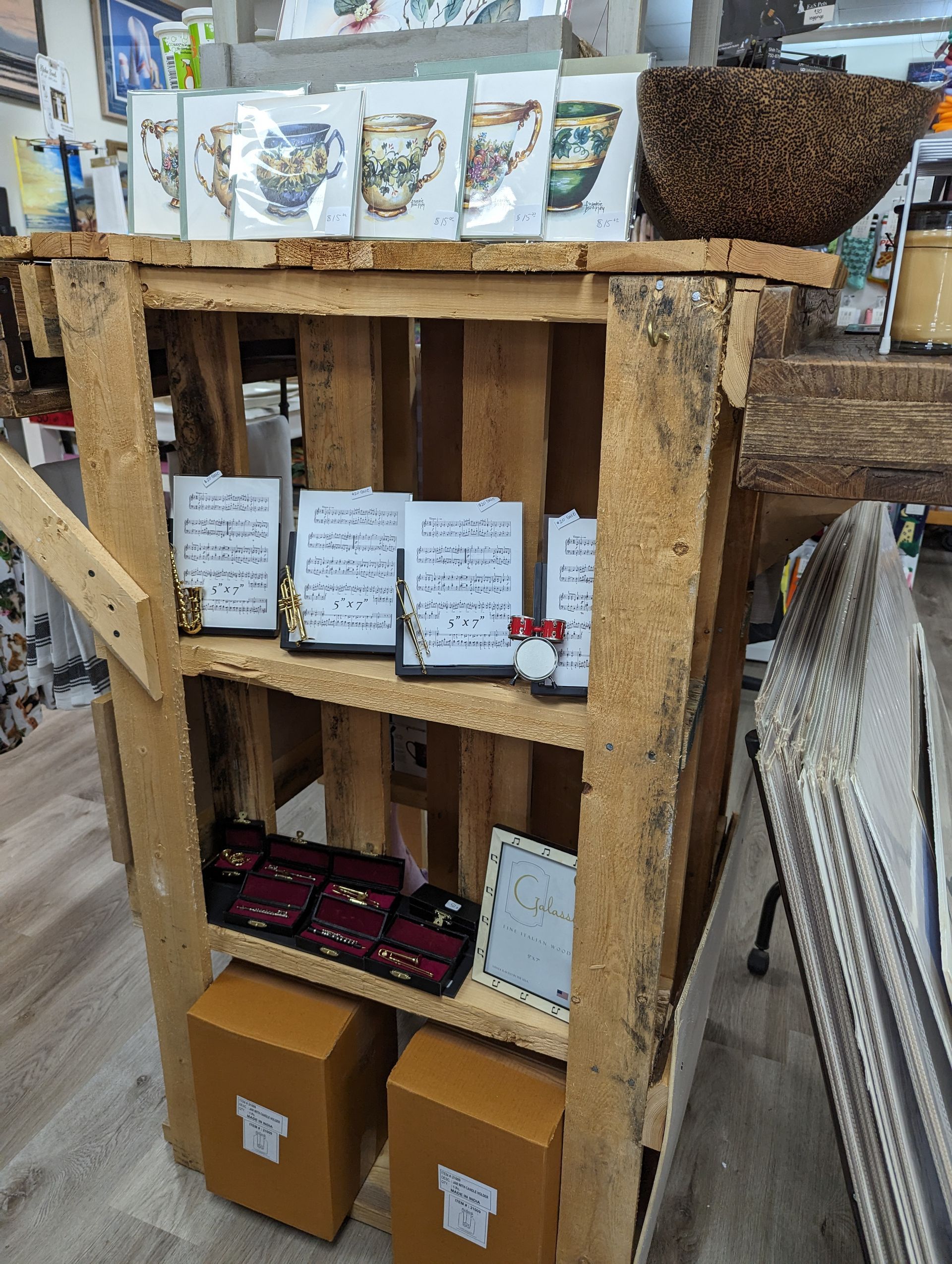 Wooden Shelf with Boxes and Cards — Summerville, SC — Donovan's Custom Framing and Gifts