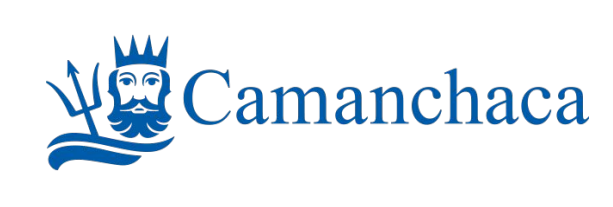 El logo de Camanchaca es azul y tiene un hombre barbudo con una corona en la cabeza.